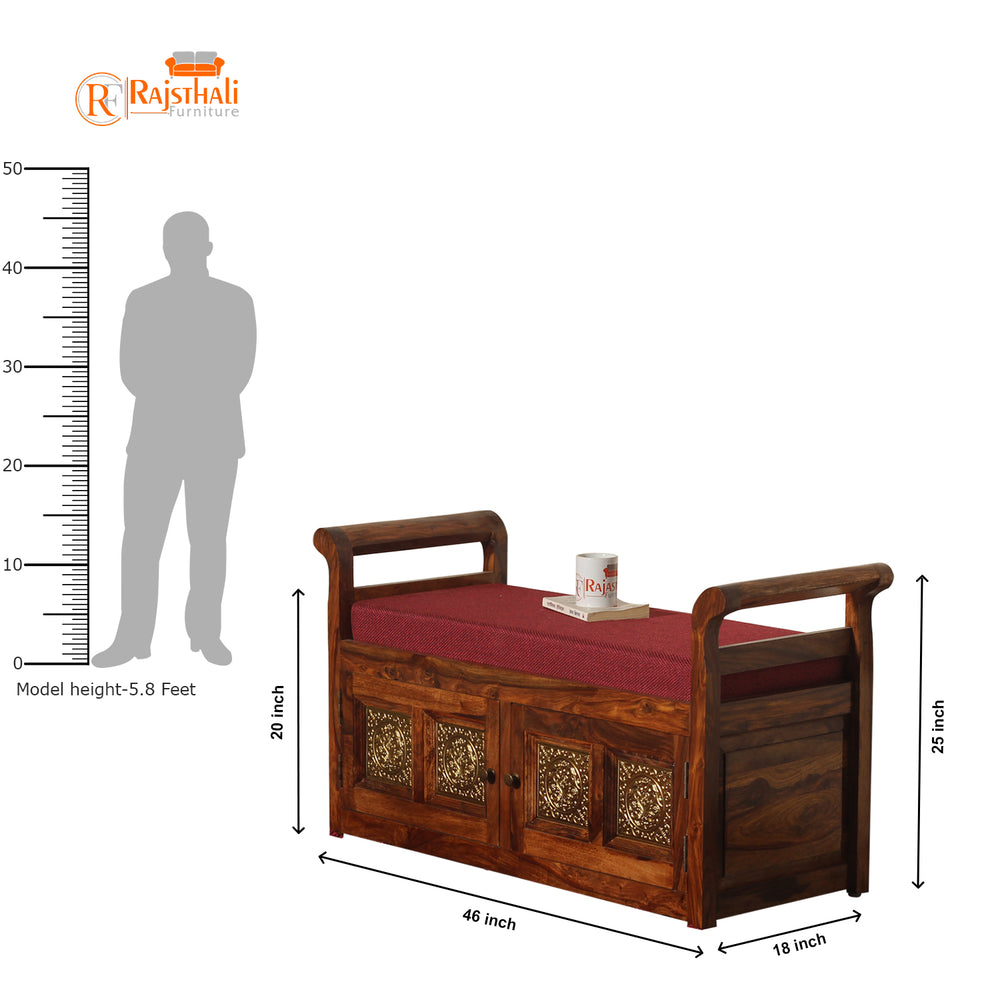Bluet Sheesham Wood Upholstered Storage Bench (Honey Oak Finish) - Rajasthali Furniture 