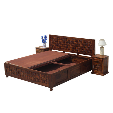 Solid Wood Niwar King Size Double Bed with Legs and Box Storage in Natural Finish With Two Bedside - Rajasthali Furniture 