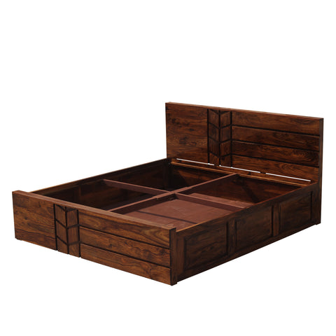 Solid Wood M Design King Size Double Bed with Box Storage in Natural Finish - Rajasthali Furniture 