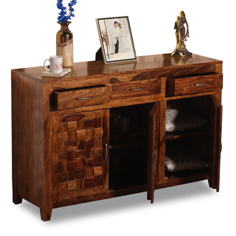 Solid Wood Three Door and Three Drawer Niwar Sideboard in natural Finish - Rajasthali Furniture 