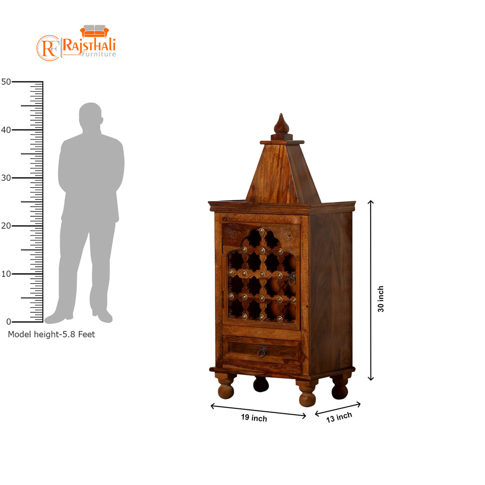 Dham Sheesham Wood Mandir with Door & Drawer (Honey Oak Finish)