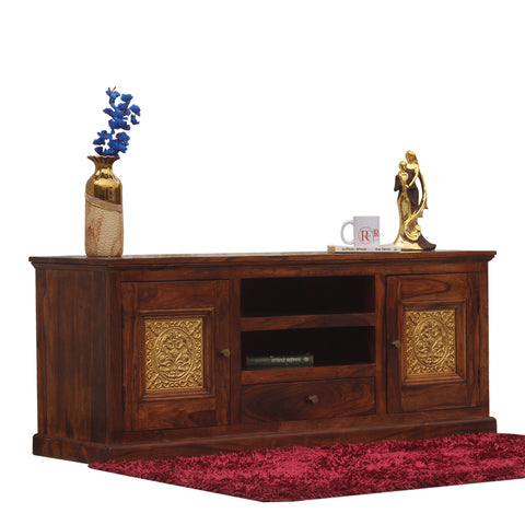 Mabel Two Door with one center drawer wooden LCD cabinet in honey oak finish - Rajasthali Furniture 