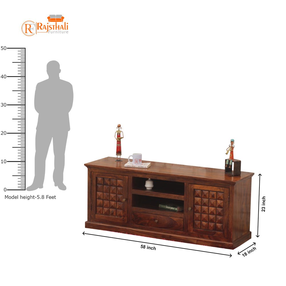 Astor Sheesham Wood Diamond TV Unit with 2 Doors & Drawer (Honey Oak Finish) - Rajasthali Furniture 