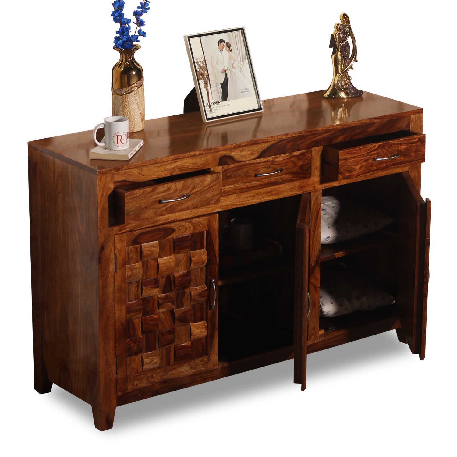 Solid Wood Three Door and Three Drawer Niwar Sideboard in natural Finish - Rajasthali Furniture 