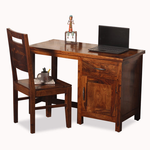 Okvist Solid Wood Study Table with One Drawer and One Door in Honey Oak Finish - Rajasthali Furniture 