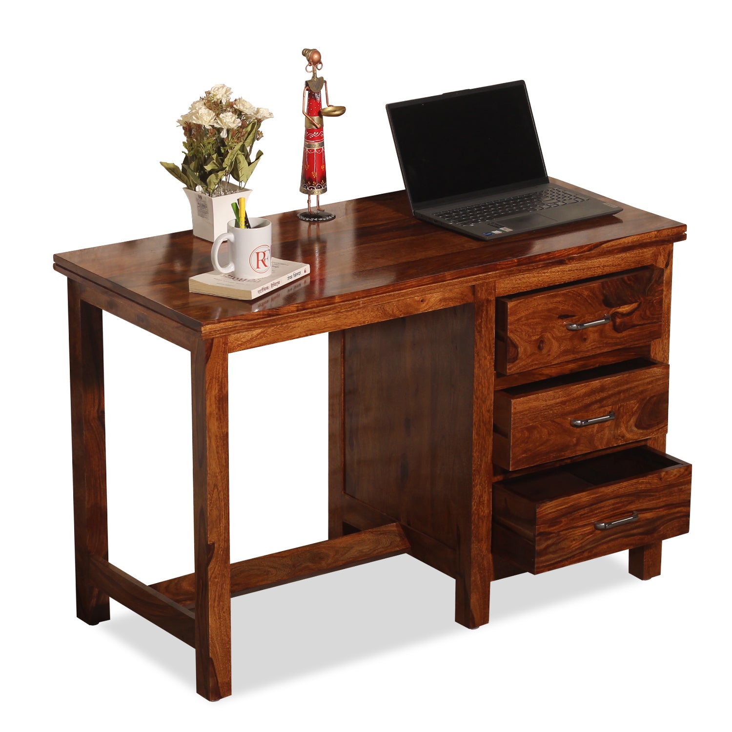 Calla Solid Wood Study Table with Three Drawers in Honey Oak Finish - Rajasthali Furniture 