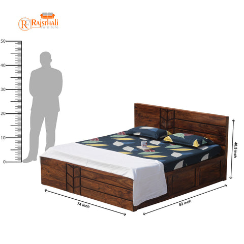 Solid Wood M Design King Size Double Bed with Box Storage in Natural Finish - Rajasthali Furniture 