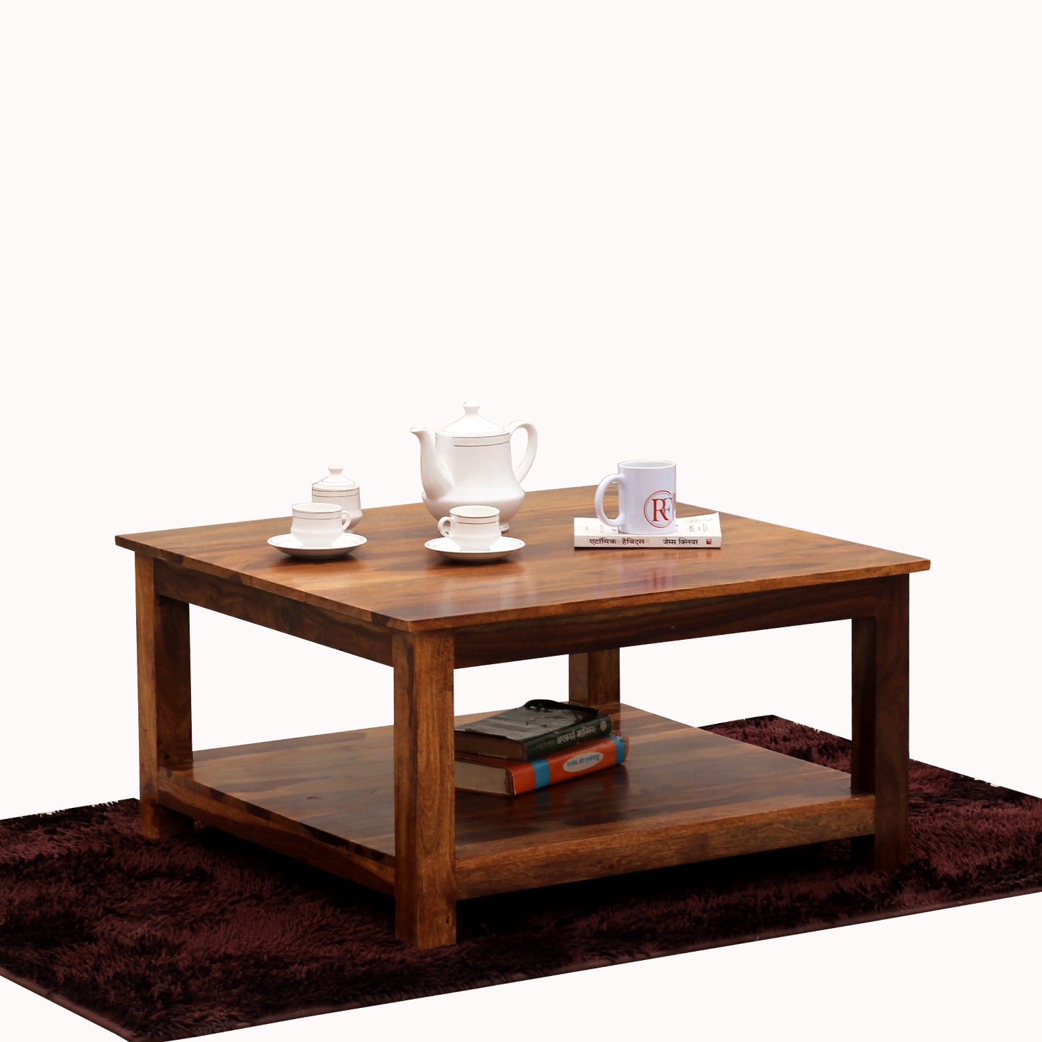 Marche Solid Wood Plain Top Square Shape Center Table in Honey Oak Finish - Rajasthali Furniture 