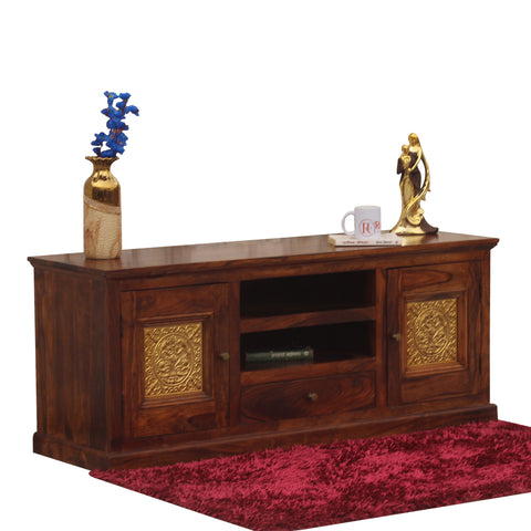 Mabel Two Door with one center drawer wooden LCD cabinet in honey oak finish - Rajasthali Furniture 