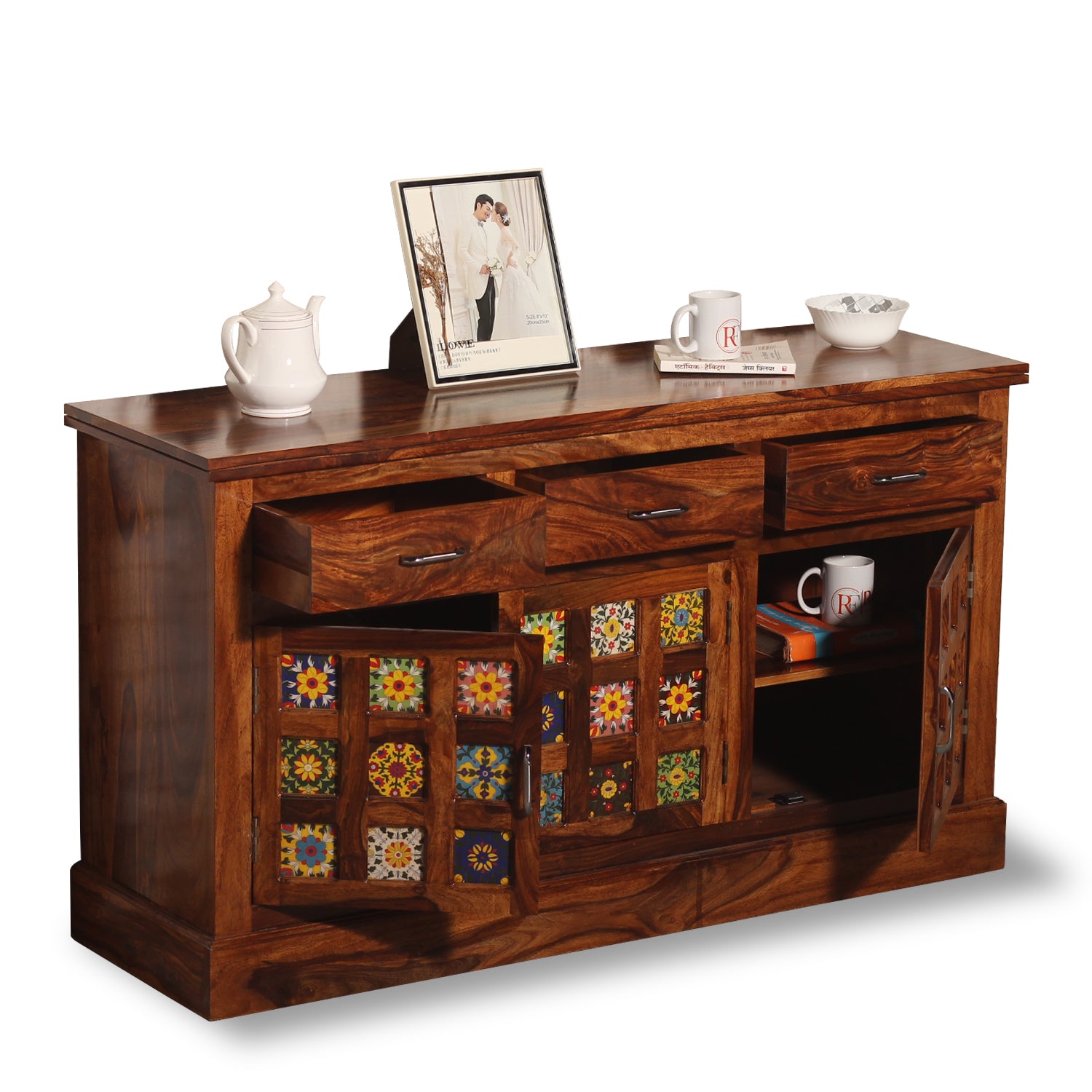 Mistana Solid Wood Three Door Three Drawer Ceramic Tile Sideboard in Natural Finish - Rajasthali Furniture 