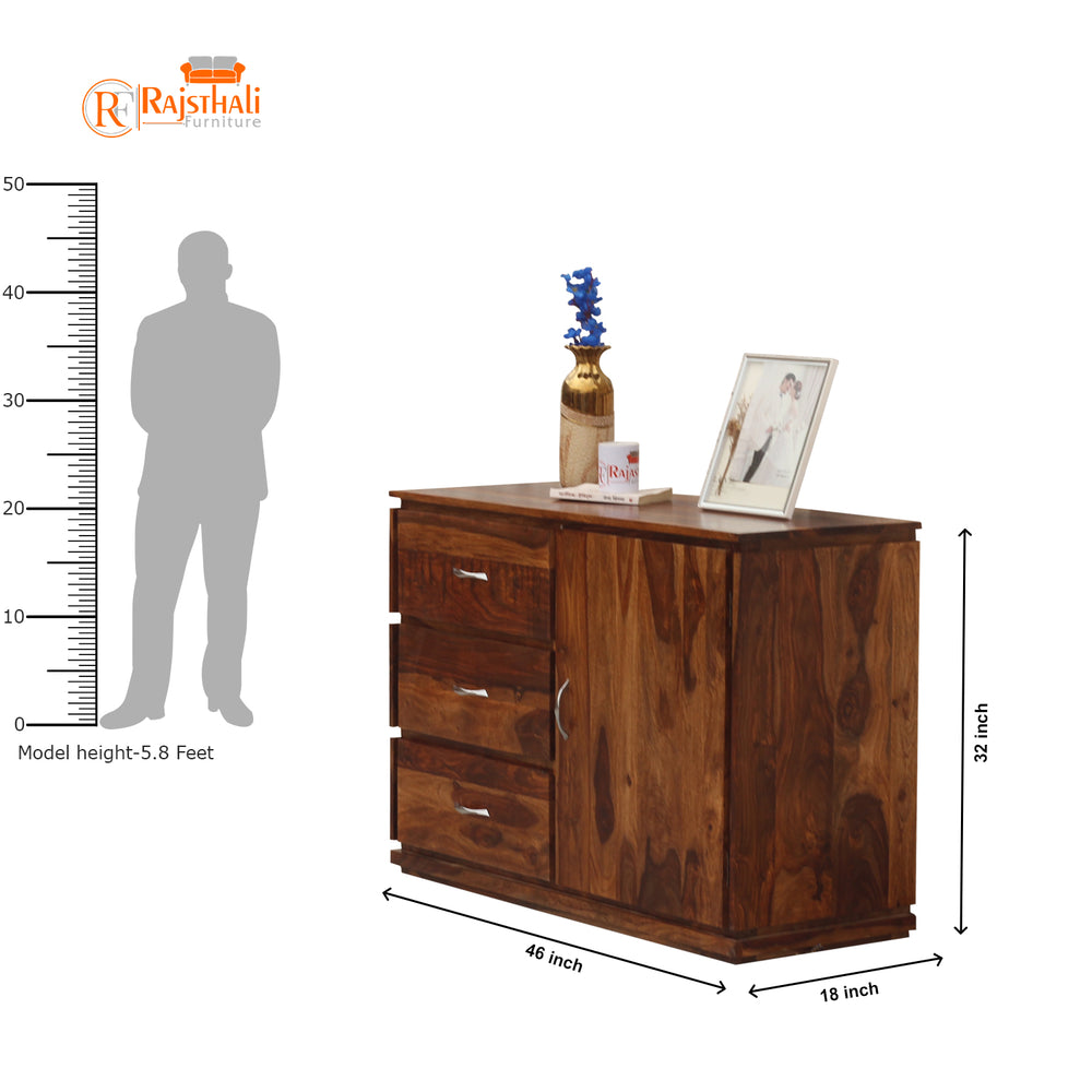 Vandyke Sheesham Wood Sideboard with 3 Drawers & Cabinet (Honey Oak Finish)