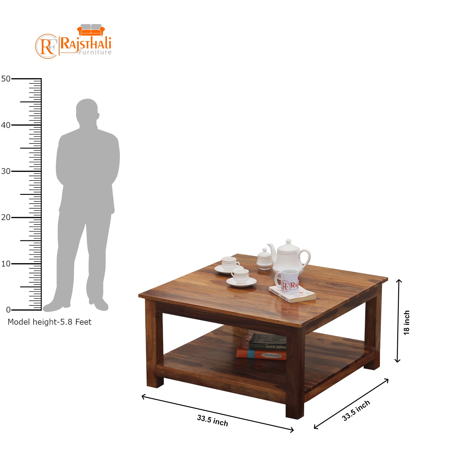 Marche Solid Wood Plain Top Square Shape Center Table in Honey Oak Finish - Rajasthali Furniture 