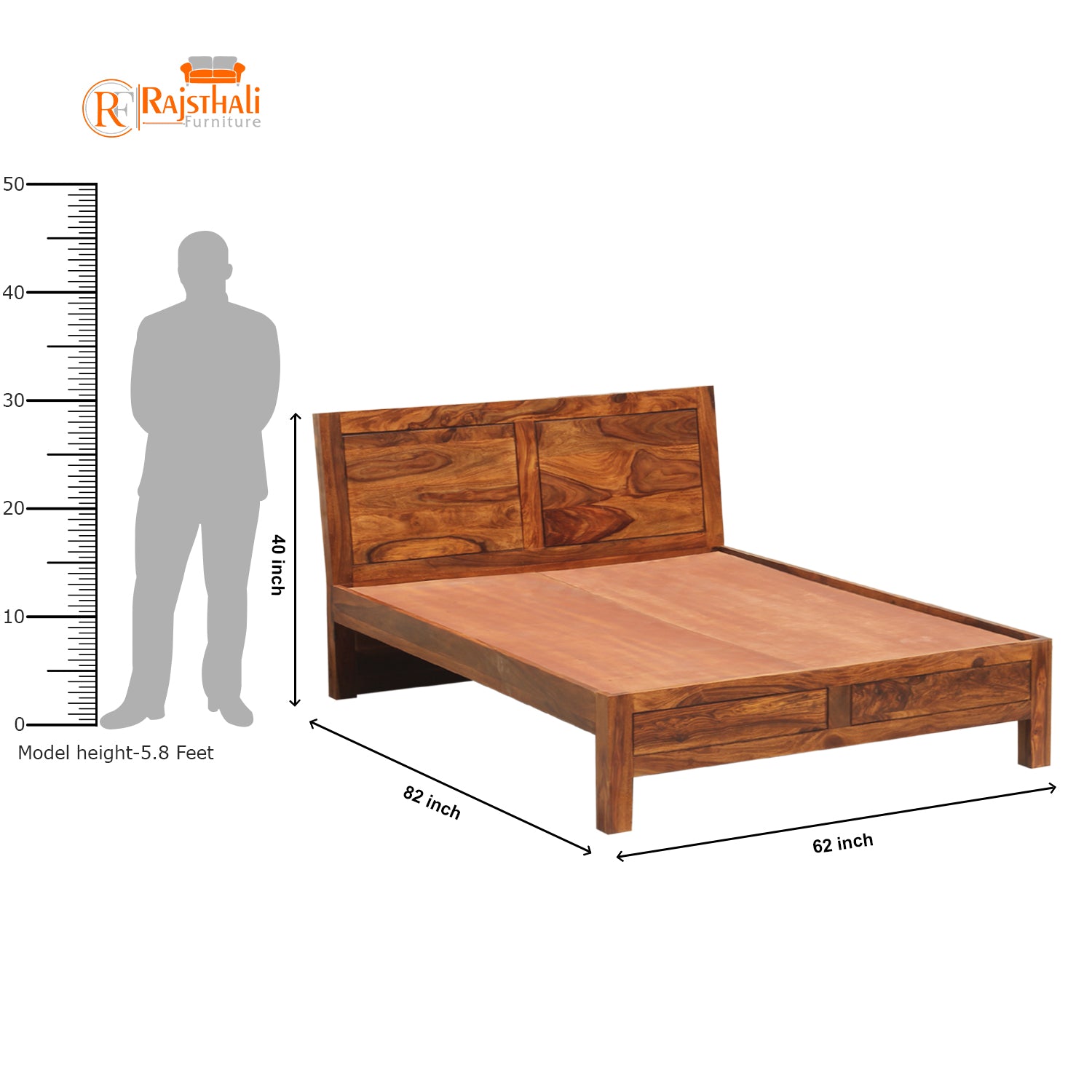 Helios Solid Wood Double Bed Without Storage in Honey Oak Finish - Rajasthali Furniture 