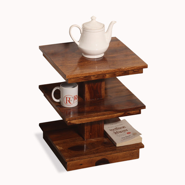 Wiccan Solid Wood Multishelves End Table in Honey Oak Finish - Rajasthali Furniture 
