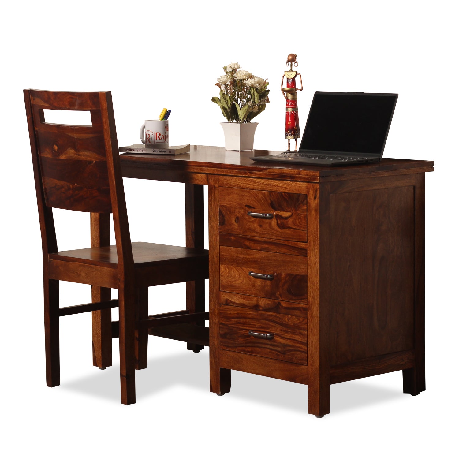 Calla Solid Wood Study Table with Three Drawers in Honey Oak Finish - Rajasthali Furniture 