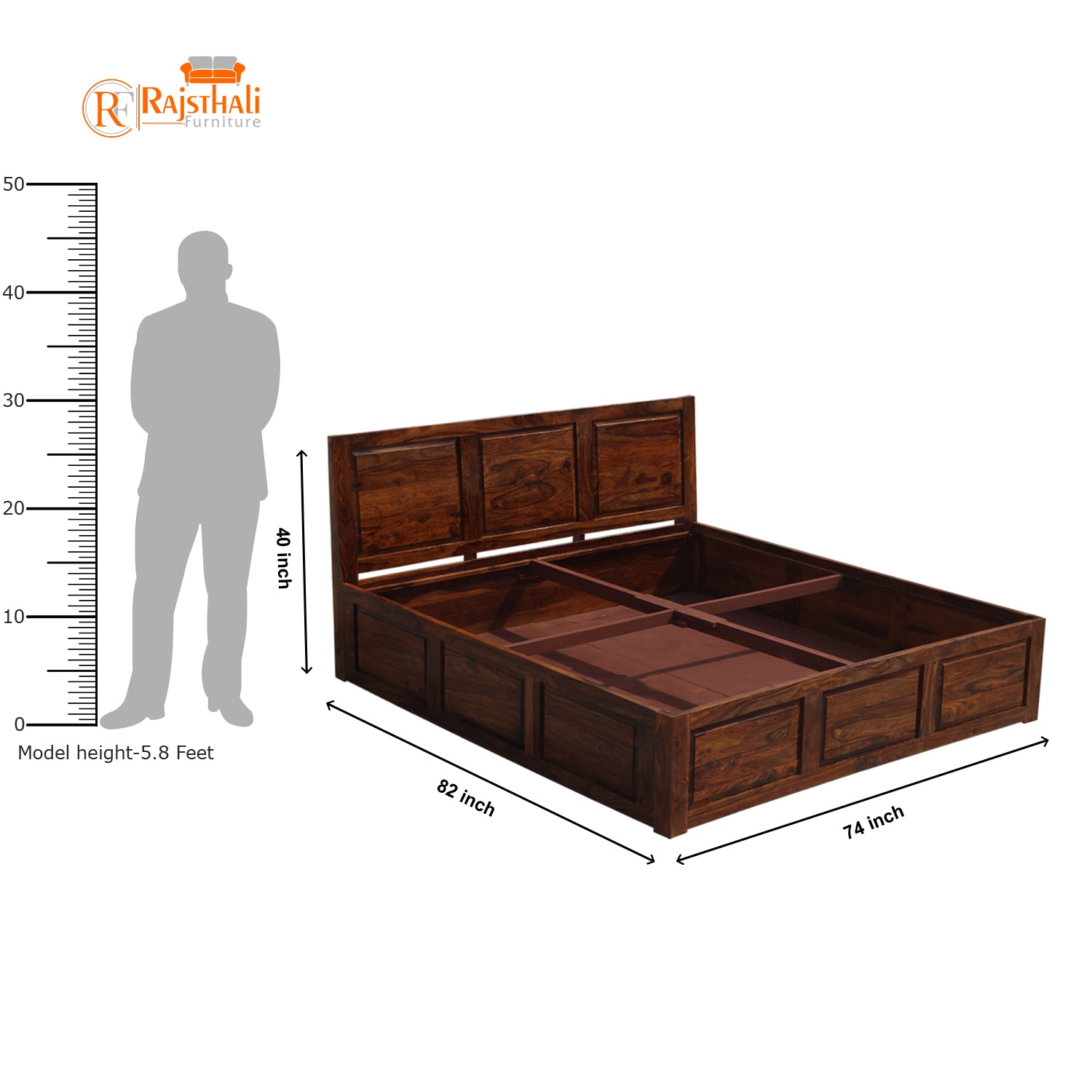 Fasica Solid Wood Double Bed with Box Storage in Honey Oak Finish - Rajasthali Furniture 