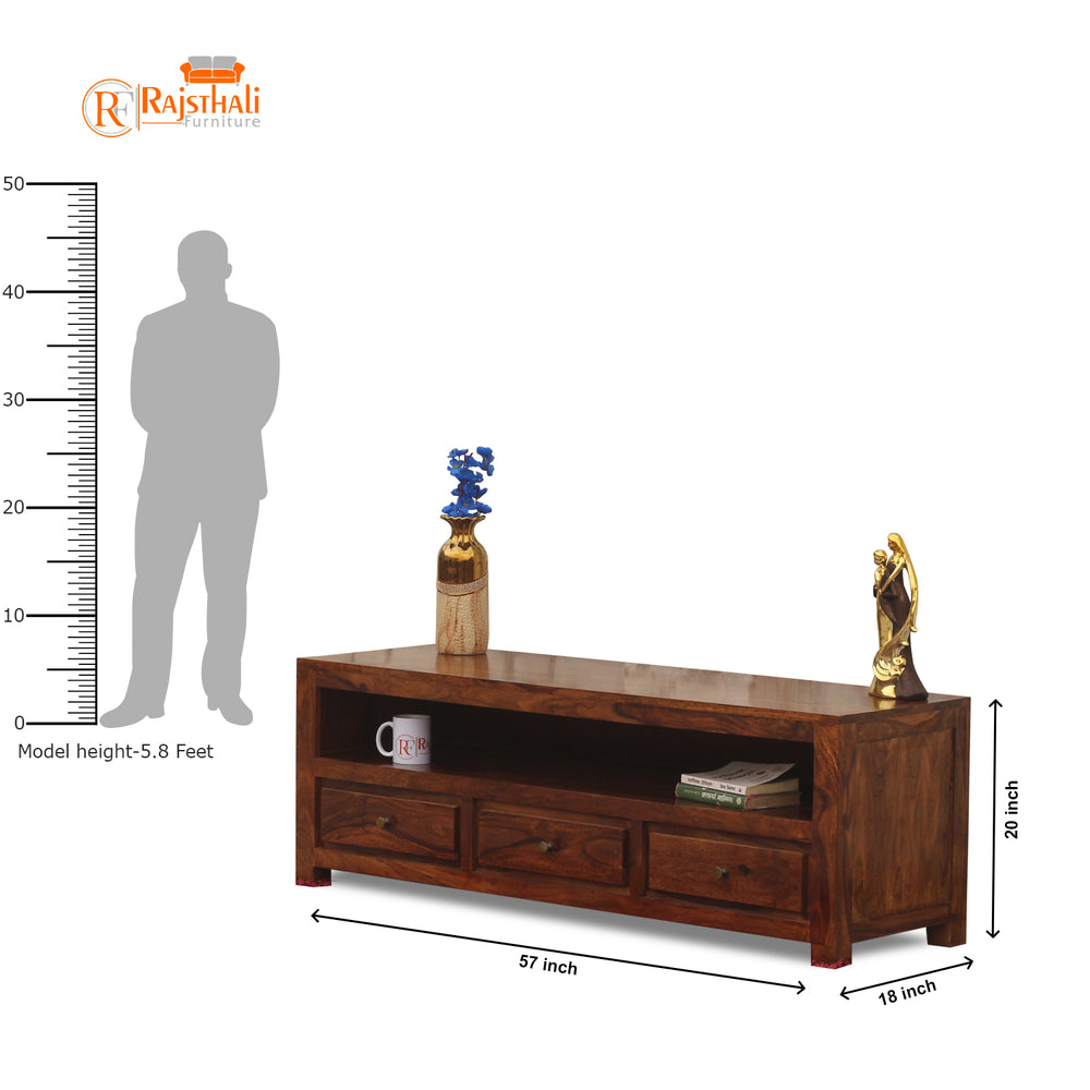 Trent Sheesham Wood TV Unit with 3 Drawers & Shelf (Honey Oak Finish) - Rajasthali Furniture 