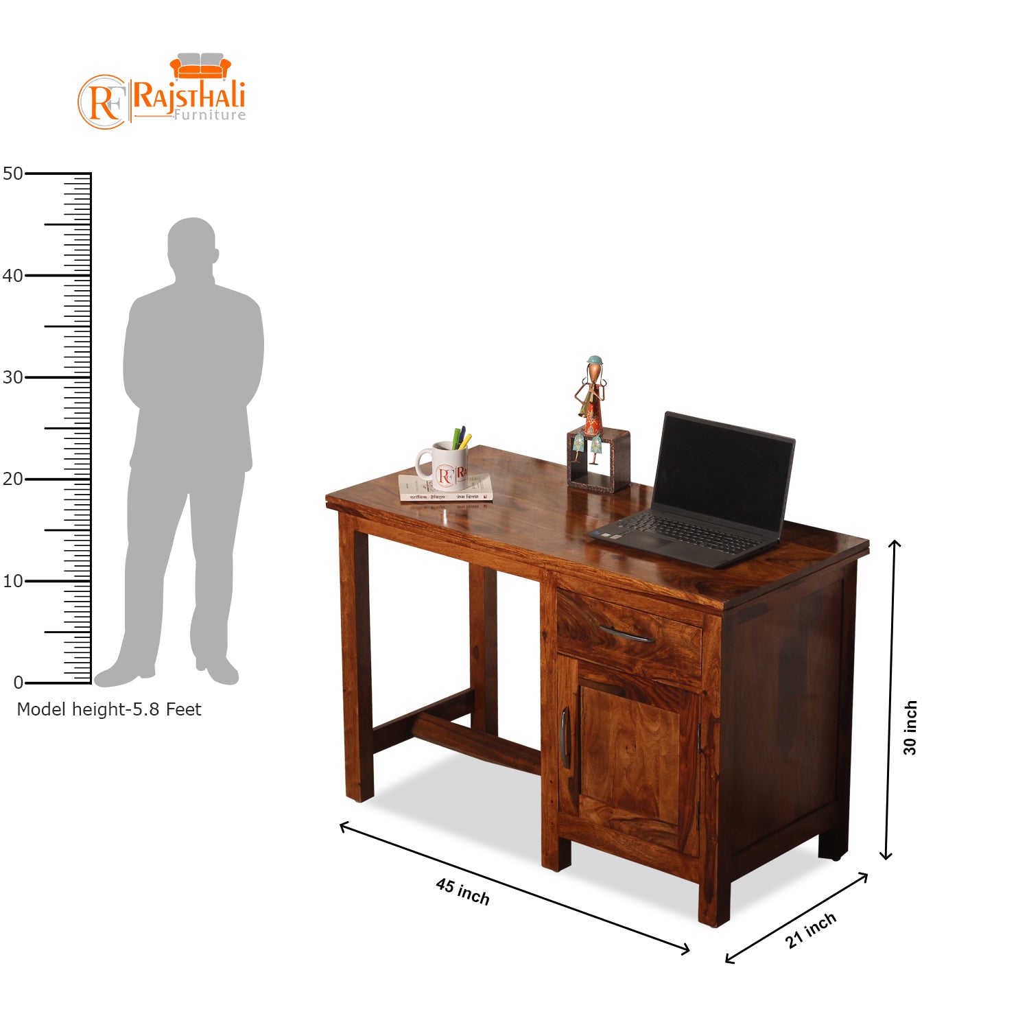 Okvist Solid Wood Study Table with One Drawer and One Door in Honey Oak Finish - Rajasthali Furniture 