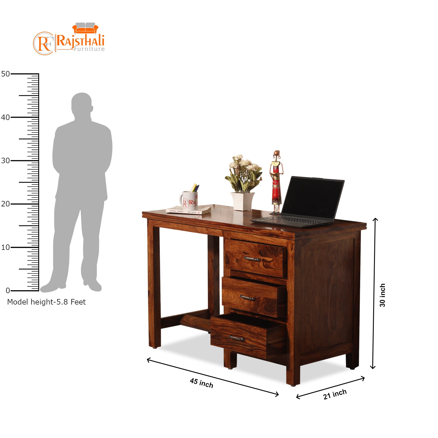 Calla Solid Wood Study Table with Three Drawers in Honey Oak Finish - Rajasthali Furniture 