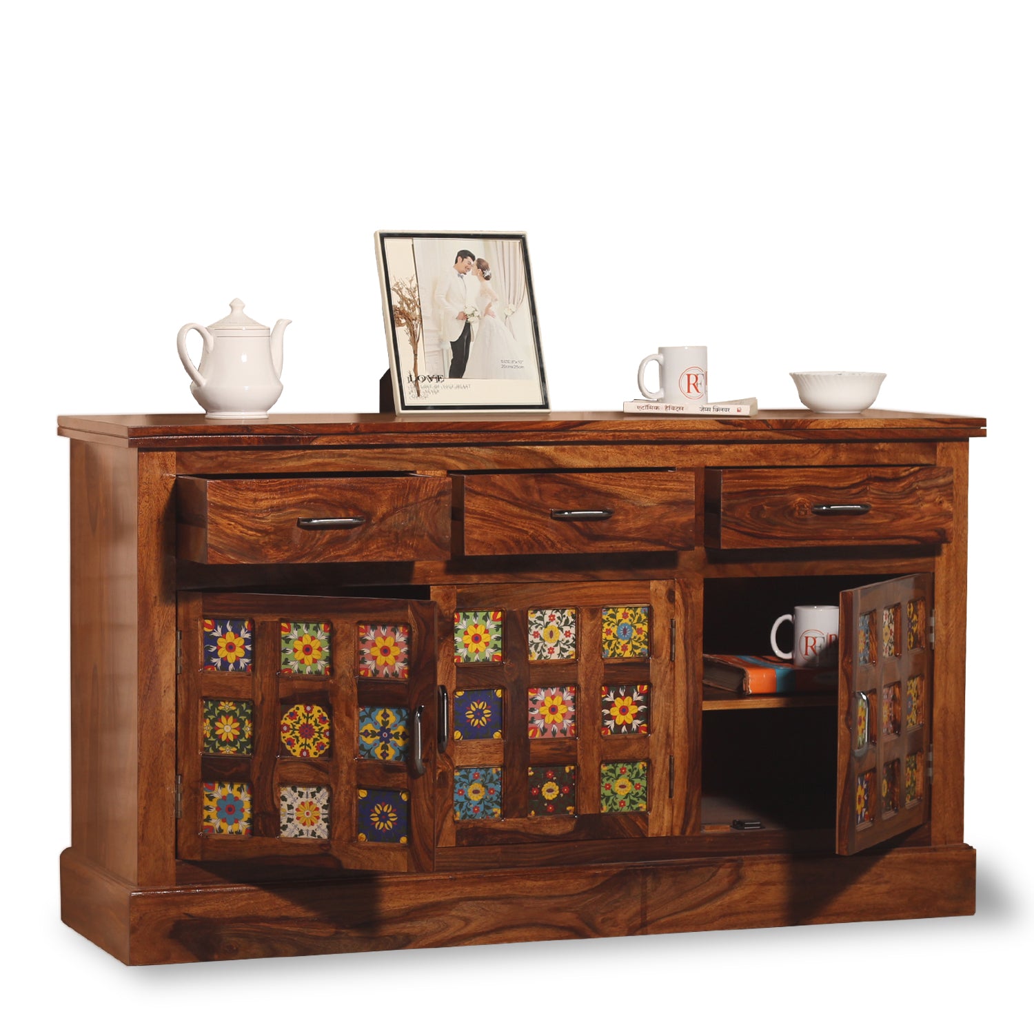 Mistana Solid Wood Three Door Three Drawer Ceramic Tile Sideboard in Natural Finish - Rajasthali Furniture 