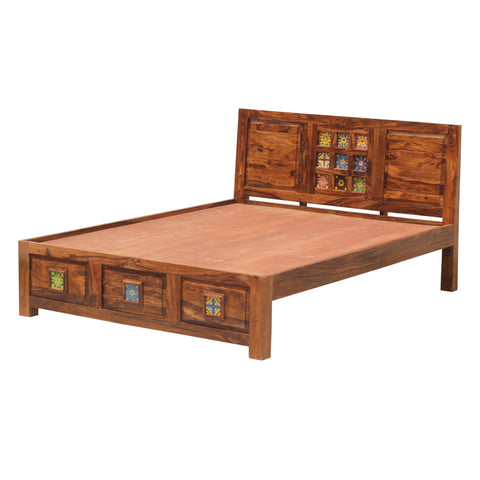 Hinton Solid Wood Double Bed Without Storage in Honey Oak Finish - Rajasthali Furniture 