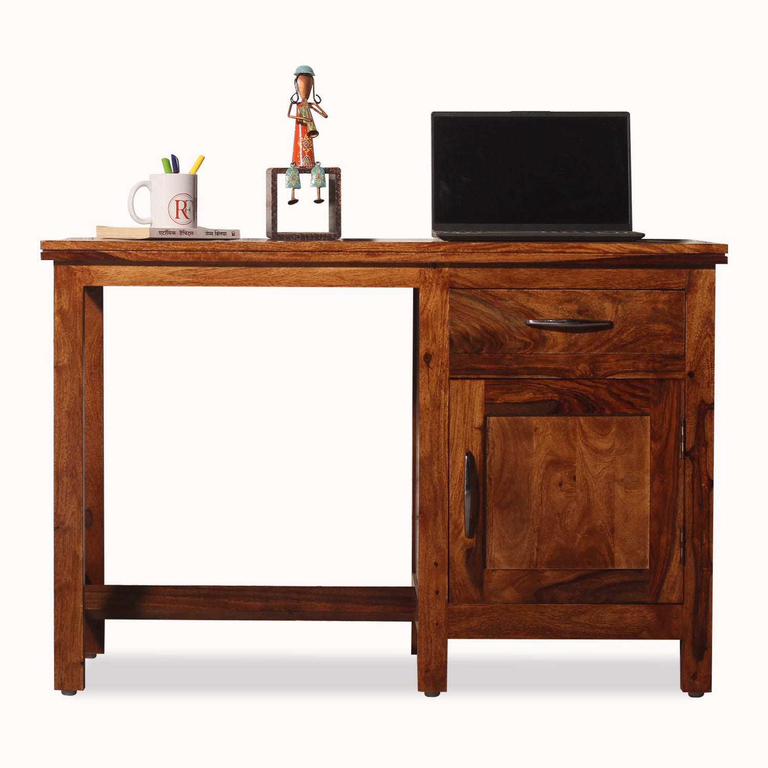 Okvist Solid Wood Study Table with One Drawer and One Door in Honey Oak Finish - Rajasthali Furniture 