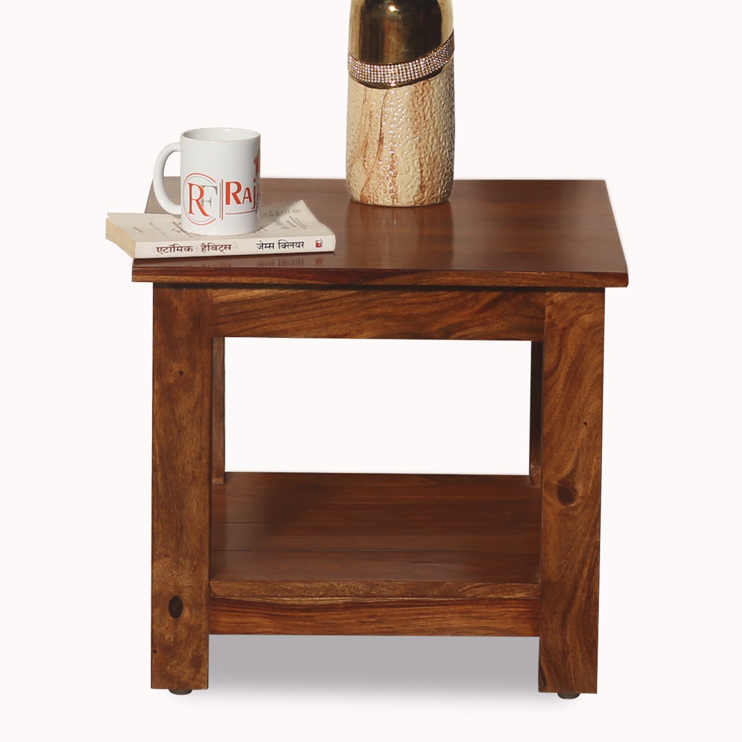 Solid Wood Floor Mounted Plain Top with wooden base Side Table in Natural Finish - Rajasthali Furniture 