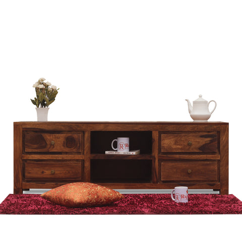 Meloni Four Drawer with One Center Shelf Wooden LCD Cabinet in Honey Oak Finish - Rajasthali Furniture 