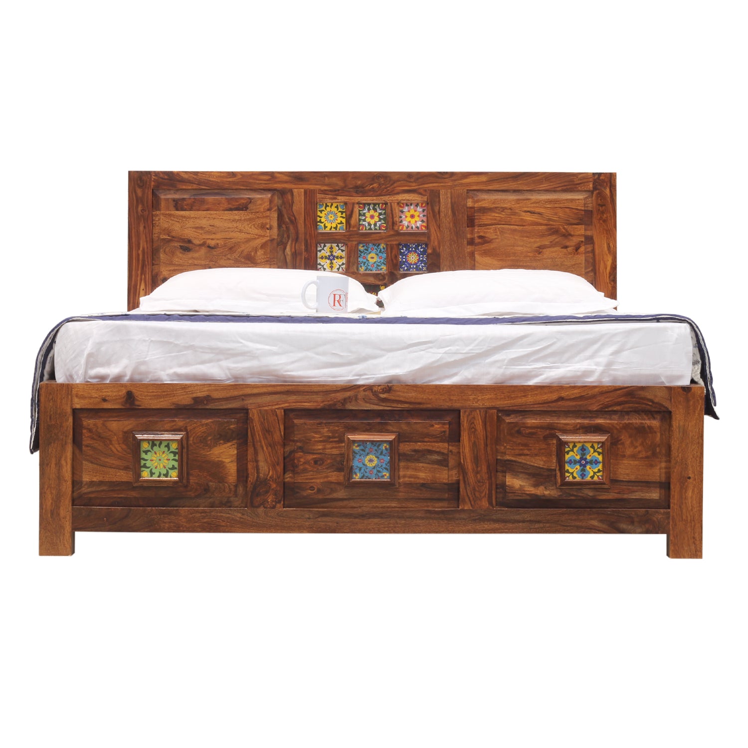 Hinton Solid Wood Double Bed Without Storage in Honey Oak Finish - Rajasthali Furniture 