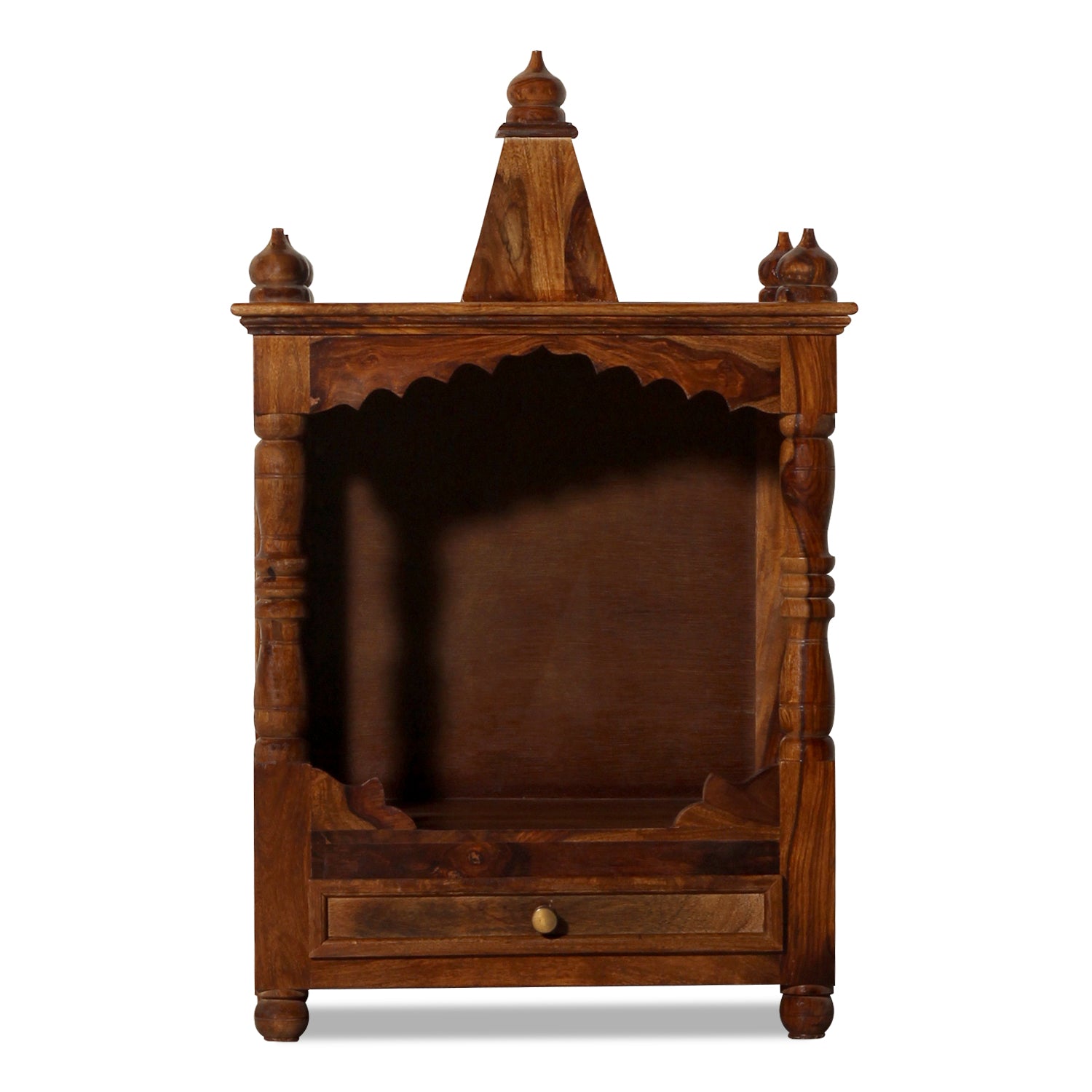 Puri Solid Wood Open Front and One Drawer Mandir in Honey Oak Finish - Rajasthali Furniture 