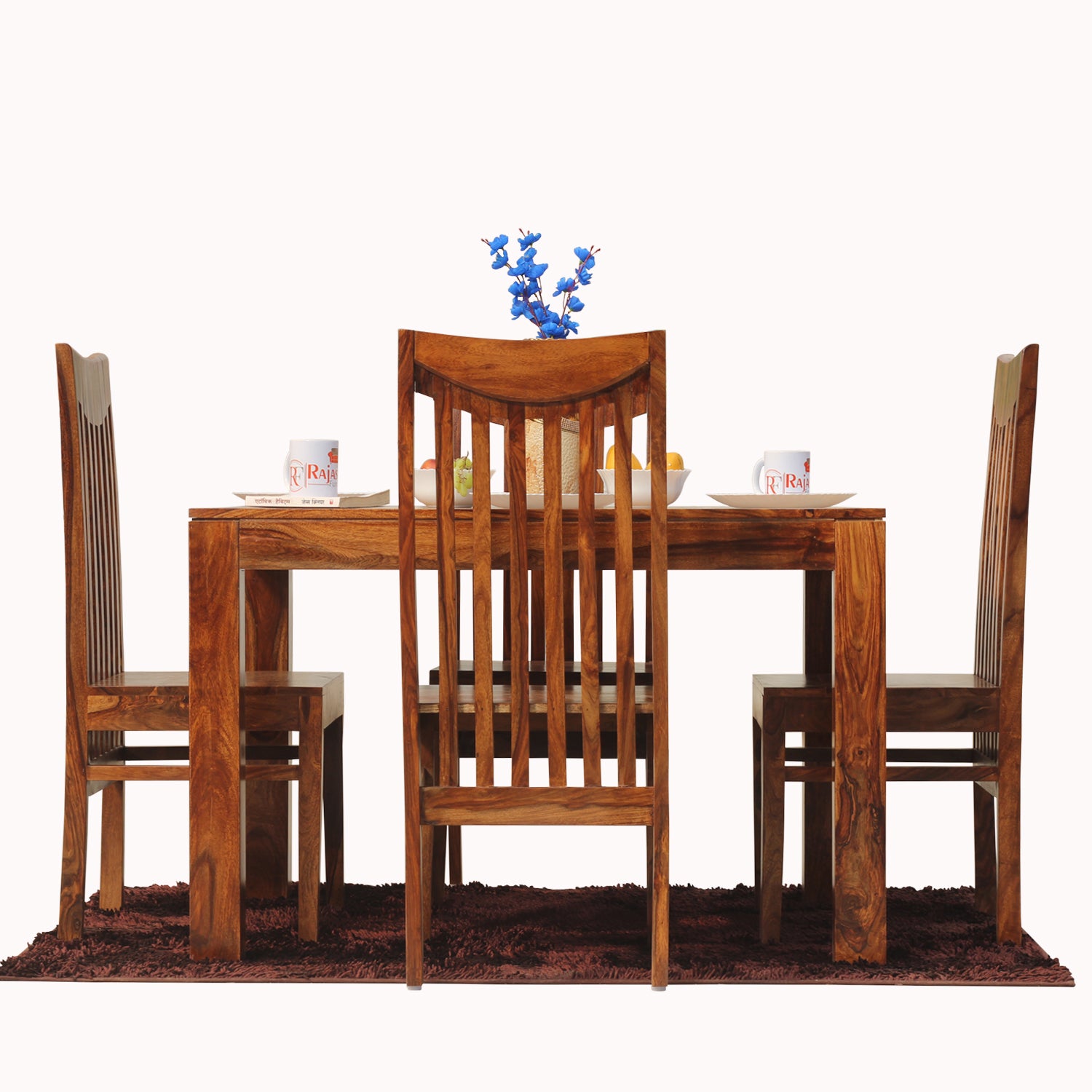 Flora Solid Sheesham Wood Four Seat Dining Table Set in Natural Finish - Rajasthali Furniture 