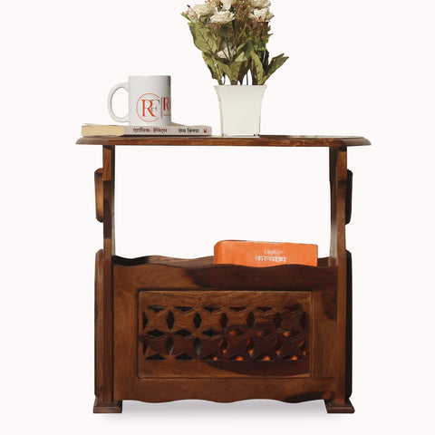 Solid Wood Star Design Magazine Stand cum Side Table in natural Finish - Rajasthali Furniture 