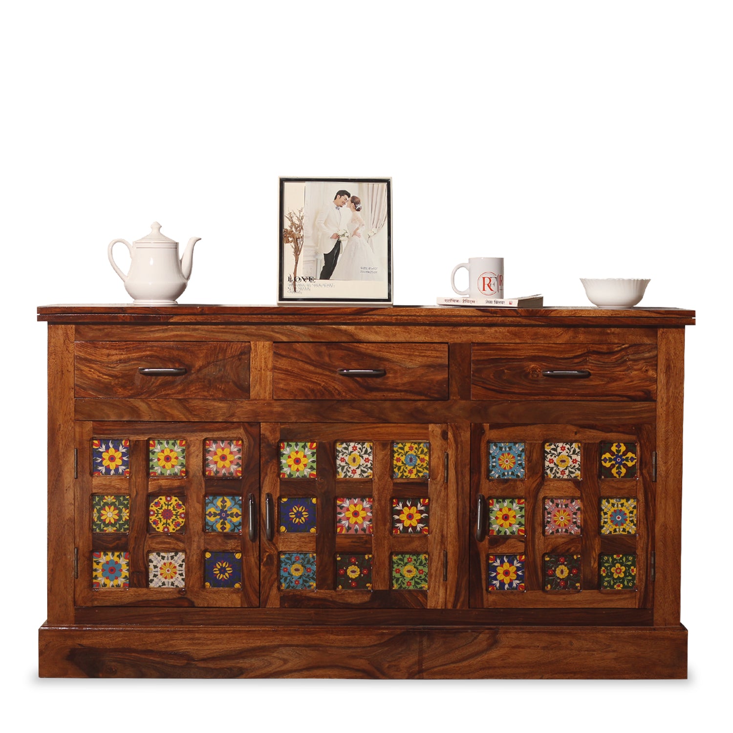 Mistana Solid Wood Three Door Three Drawer Ceramic Tile Sideboard in Natural Finish - Rajasthali Furniture 