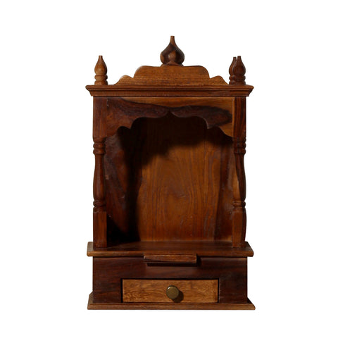 Sunak Solid Wood One Shelf and One Drawer Open Wall Mount Mandir in honey oak Finish - Rajasthali Furniture 