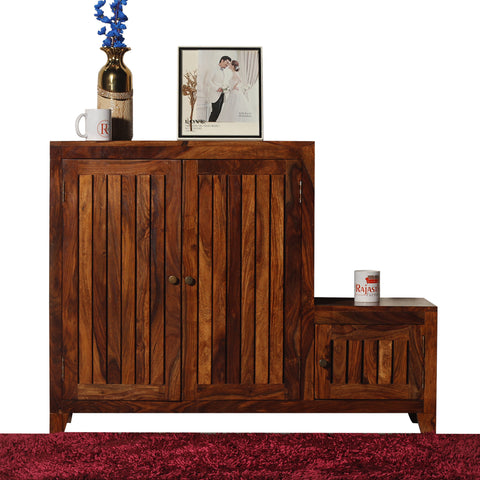 Frill Solid Wood Shoe Rack with Sitting Space in Honey Oak finish - Rajasthali Furniture 