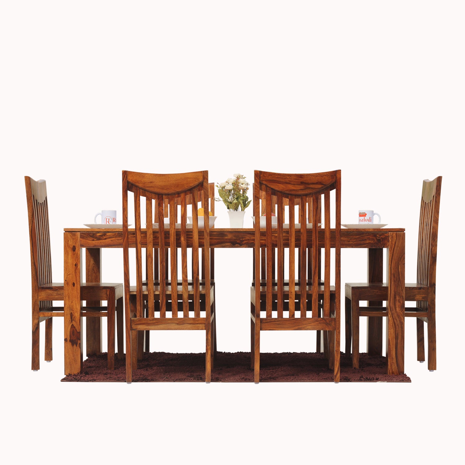 Flora Solid Sheesham Wood Six Seat Dining Table Set in Natural Finish - Rajasthali Furniture 