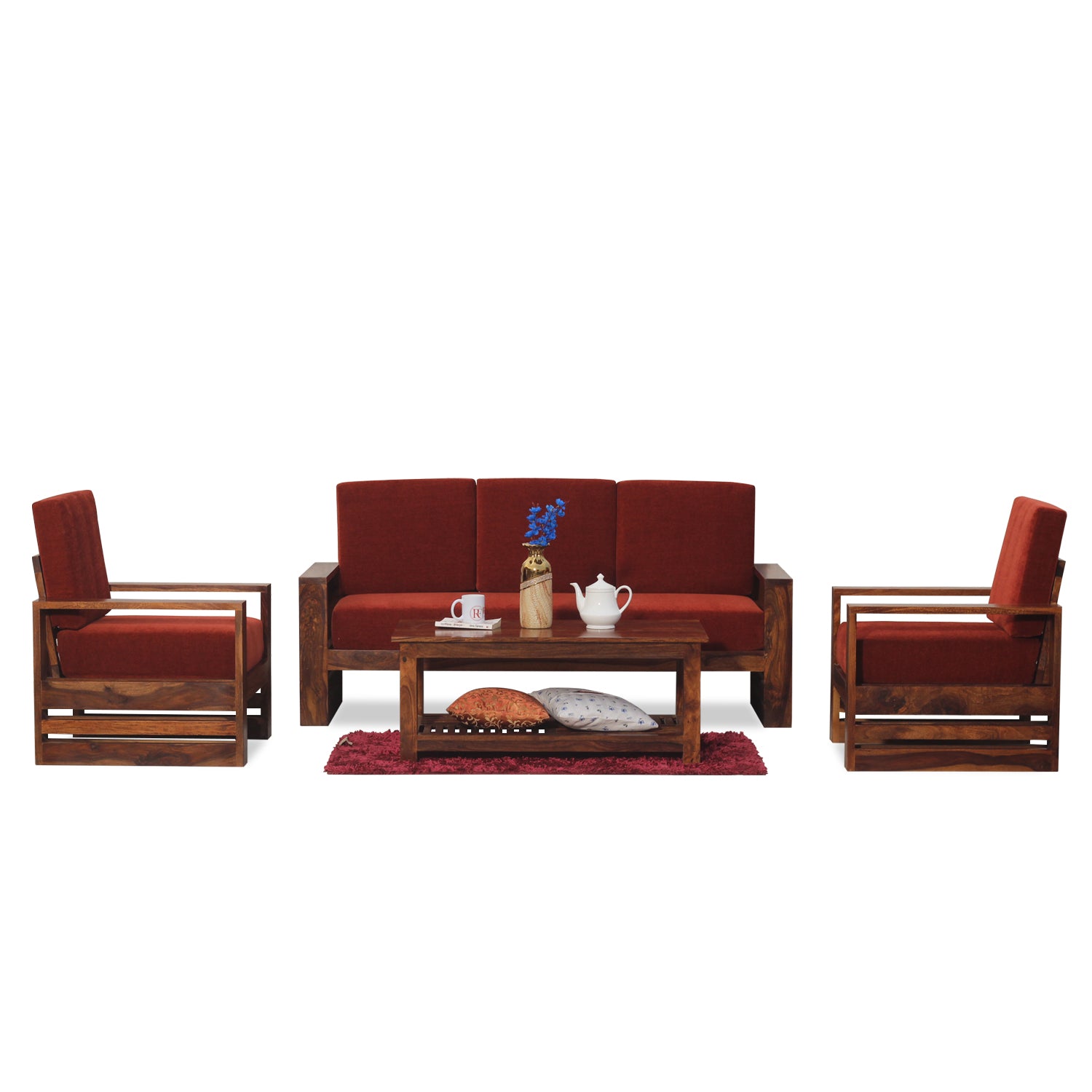 Seam Solid Wood Five Seat Sofa Set (3+1+1) In Honey Oak Finished - Rajasthali Furniture 