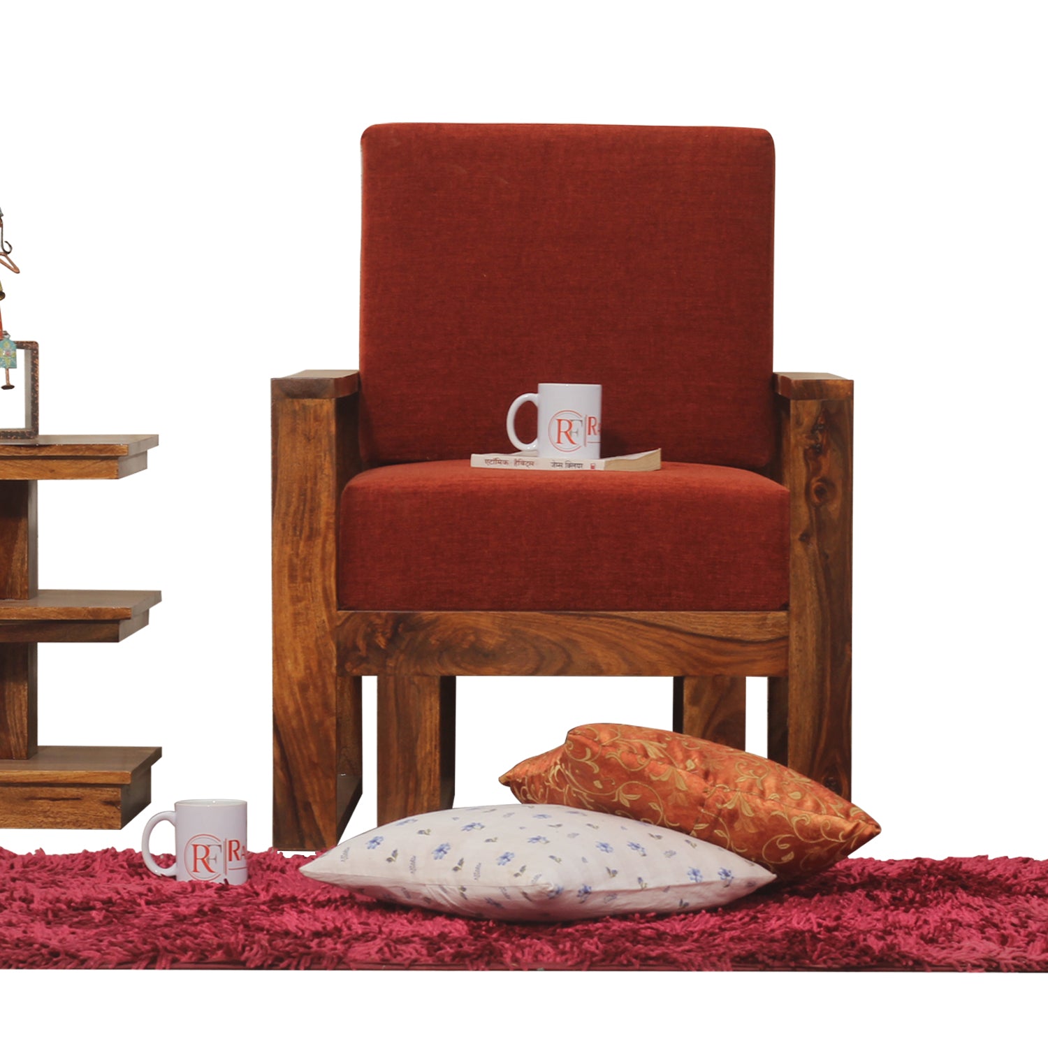 Cucus Double Leg Solid Wood Single Seat Sofa Set In Honey Oak Finished - Rajasthali Furniture 