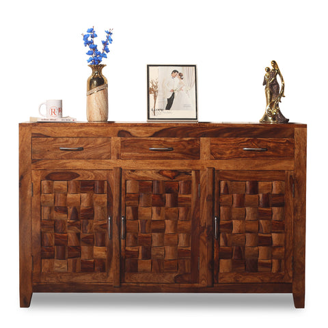 Solid Wood Three Door and Three Drawer Niwar Sideboard in natural Finish - Rajasthali Furniture 