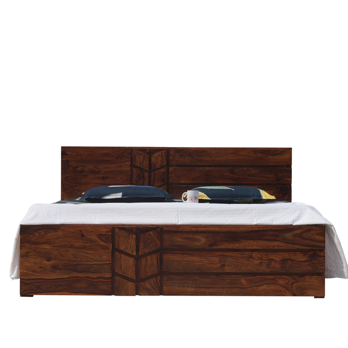 Solid Wood M Design King Size Double Bed with Box Storage in Natural Finish