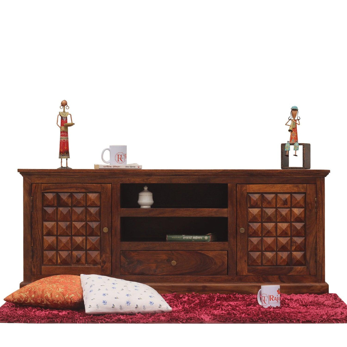 Astor Two Door with one center drawer wooden LCD cabinet in honey oak finish - Rajasthali Furniture 