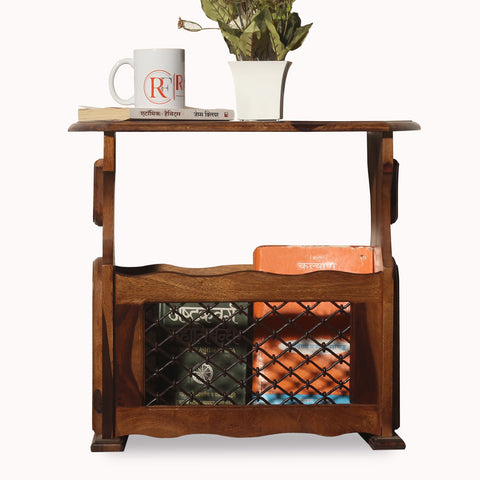 Solid Sheesham Wood Iron Jali Magazine Stand cum Side Table in Natural Finish - Rajasthali Furniture 