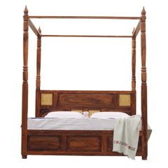 Solid Sheesham Wood King Size Four Poster Bed with Box Storage in Natural Finish