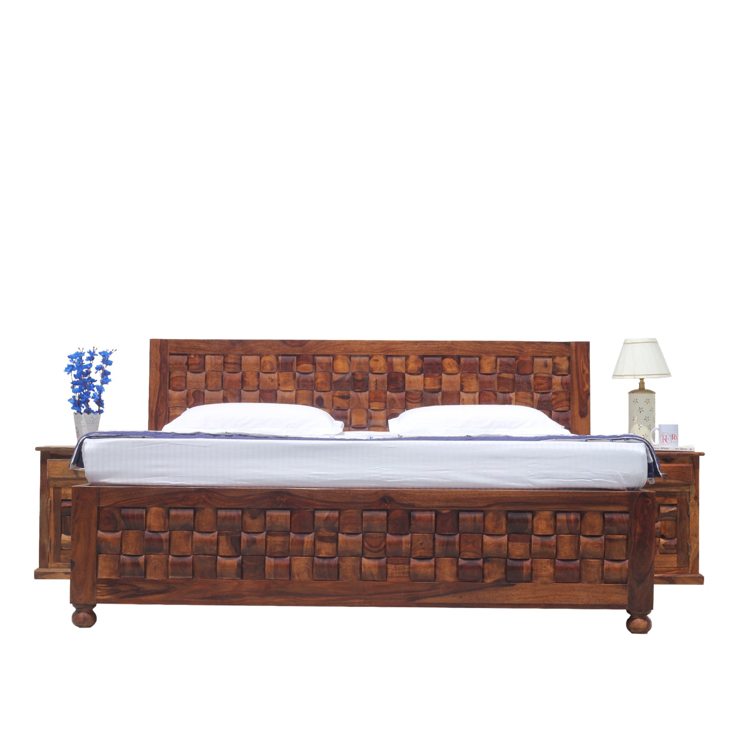 Solid Wood Niwar King Size Double Bed with Legs and Box Storage in Natural Finish With Two Bedside - Rajasthali Furniture 