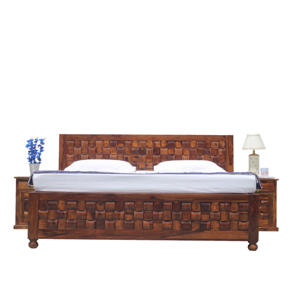Solid Wood Niwar King Size Double Bed with Legs and Box Storage in Natural Finish With Two Bedside - Rajasthali Furniture 