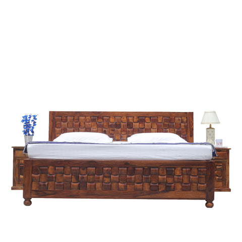 Solid Wood Niwar King Size Double Bed with Legs and Box Storage in Natural Finish With Two Bedside - Rajasthali Furniture 