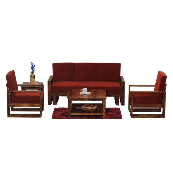 Cucus Double Leg Solid Wood Five Seat Sofa Set (3+1+1) In Honey Oak Finished - Rajasthali Furniture 