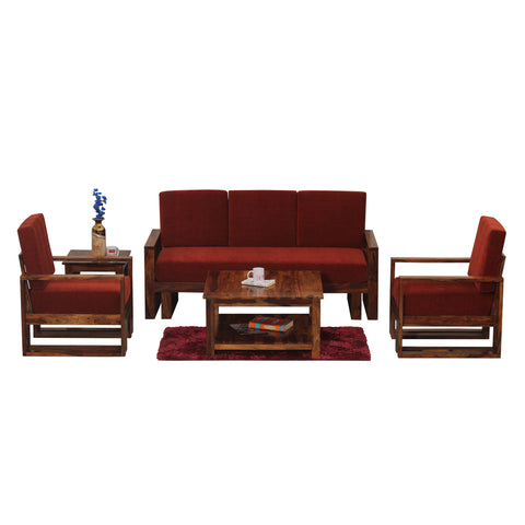 Cucus Double Leg Solid Wood Five Seat Sofa Set (3+1+1) In Honey Oak Finished - Rajasthali Furniture 