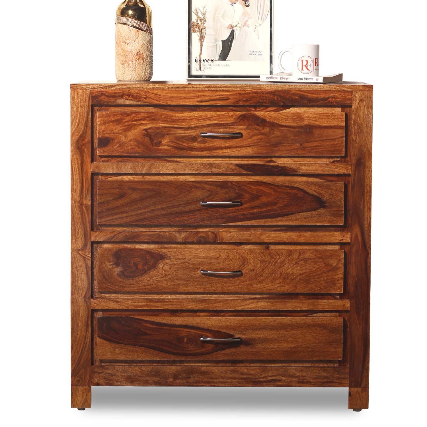 Hillary Solid Sheesham Wood Four Drawer Chest of Drawer in Natural Finish - Rajasthali Furniture 