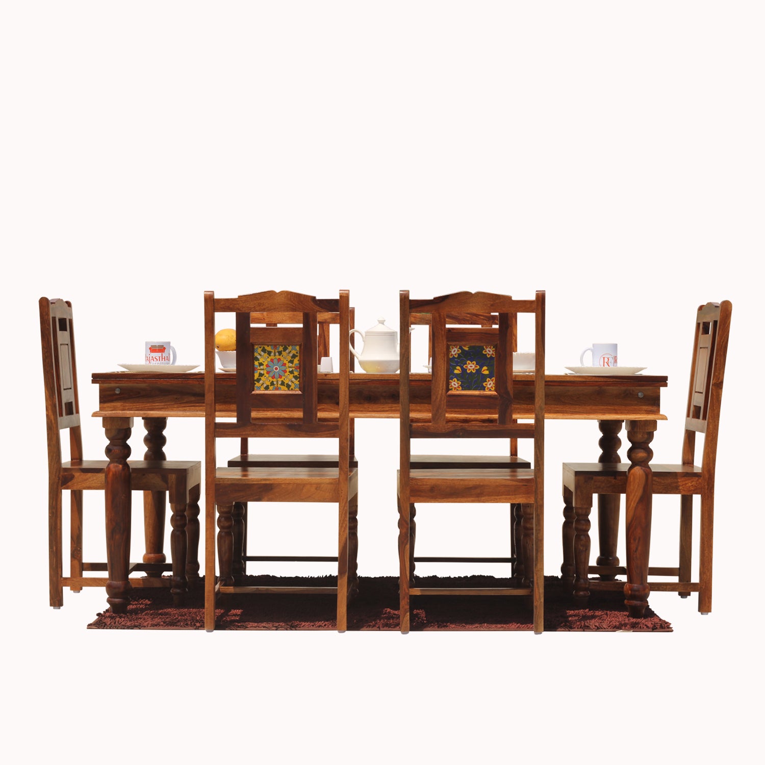 Solid Sheesham Wood Six Seat Ceramic Tile Dining Table Set in Natural Finish - Rajasthali Furniture 